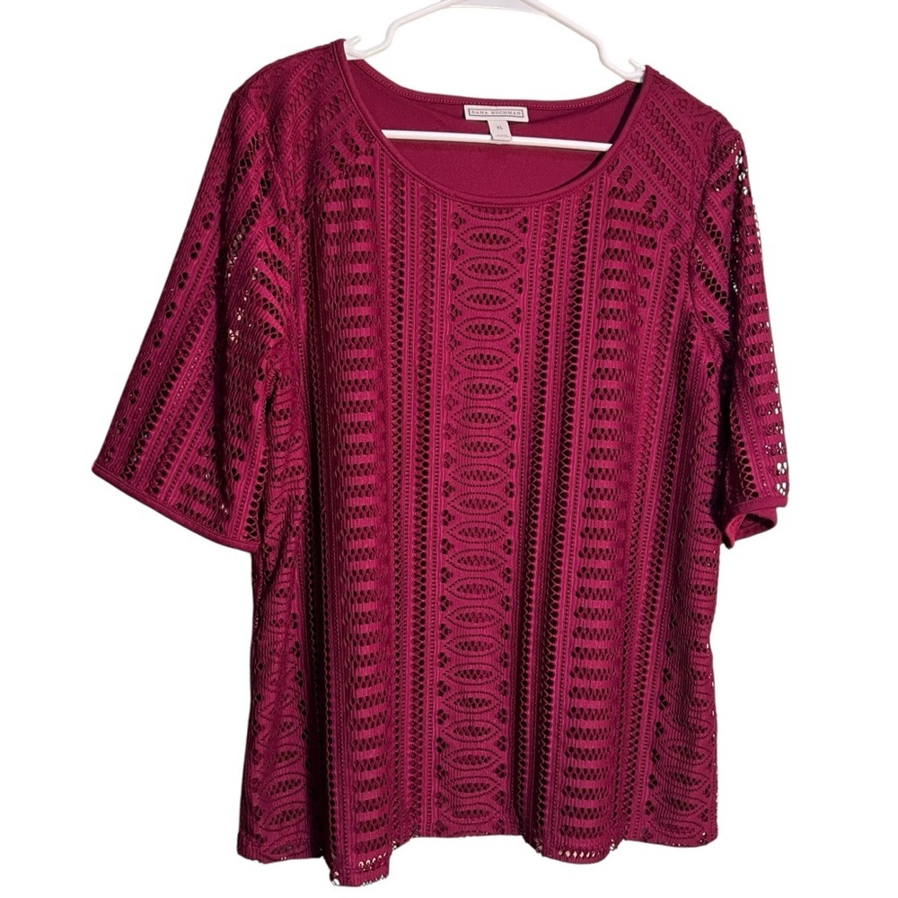 Dana Buchman Womens Size XL Lace Layered Blouse Burgundy Short Sleeve Scoop Neck